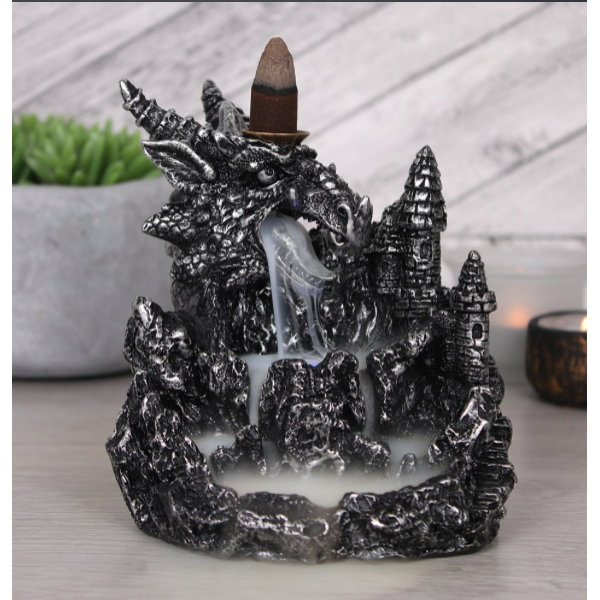 Incense Cone Holder BACKFLOW Silver Dragon with Light 